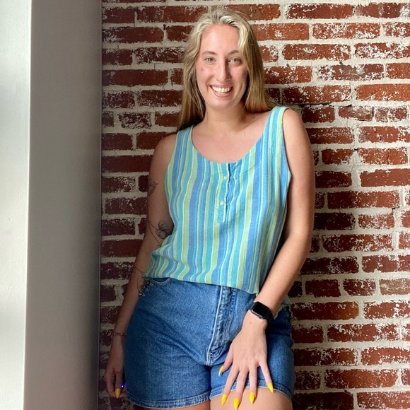 Linen blend blue and green striped tank - Picture 5 of 7